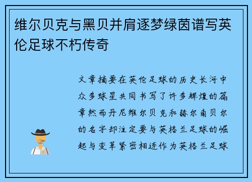 维尔贝克与黑贝并肩逐梦绿茵谱写英伦足球不朽传奇 维尔贝克与黑贝并肩逐梦绿茵谱写英伦足球不朽传奇